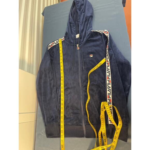 Fila Navy Blue Velour Full Zip Hoodie with pockets and Logo Ribbon on Sleeves M - Picture 7 of 9